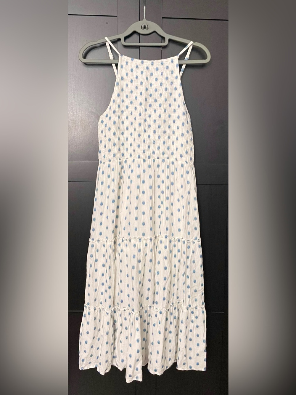 Sim & Sam ~ Cream Smocked Midi Dress with Blue Polka Dots - M